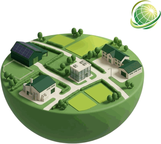 Îlot de terre en trois dimensions portant une ferme à toiture solaire, une usine, un immeuble de bureaux et une école, surmonté de la sphère du logo Solasphera — les quatre secteurs accompagnés.