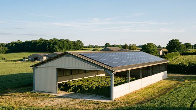 Hangar de séchage agricole équipé de panneaux solaires en toiture.