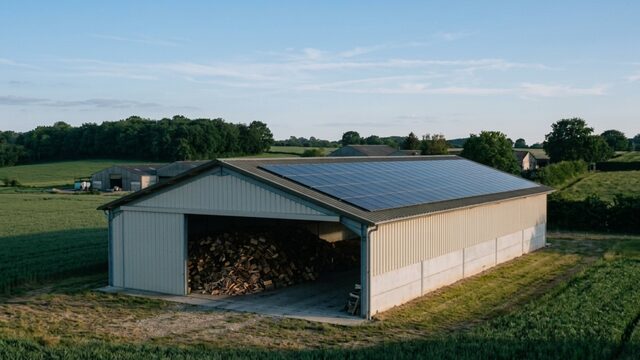 Hangar de séchage agricole équipé de panneaux solaires en toiture.