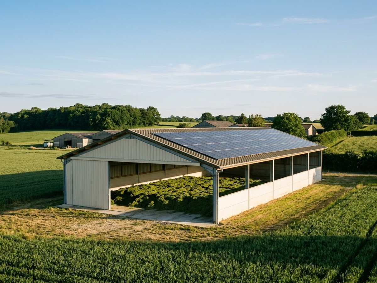 Hangar de séchage agricole équipé de panneaux solaires en toiture ; à l’intérieur, du fourrage étalé au sol pour le séchage.
