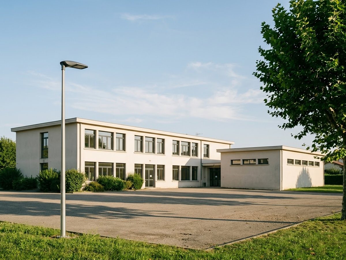 Groupe scolaire communal et son gymnase attenant, avec un lampadaire LED dans la cour.