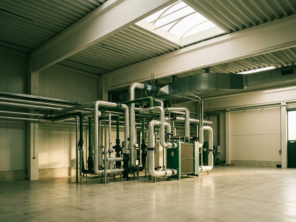 Local technique industriel : réseau de tuyauteries calorifugées relié à un échangeur de récupération de chaleur.