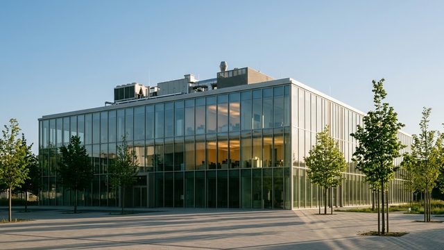Immeuble de bureaux contemporain à façade vitrée.