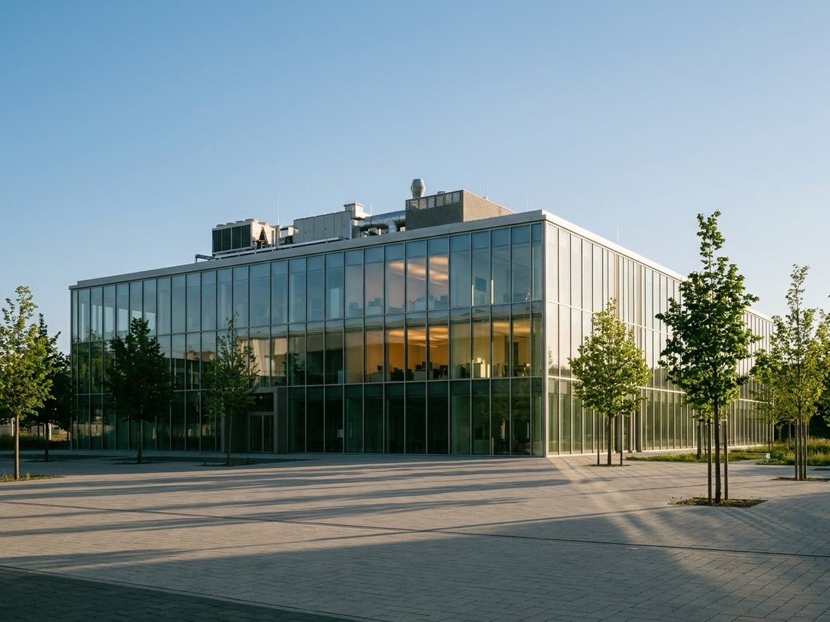 Immeuble de bureaux contemporain à façade vitrée, avec des unités de ventilation en toiture.